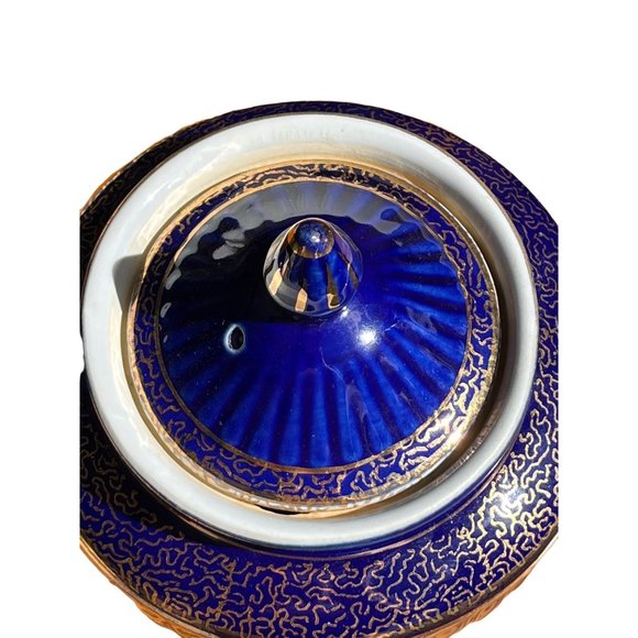 Vintage Cobalt Blue Hall Teapot Los Angeles Gold Trim Ribbed 083 READ - Picture 4 of 11